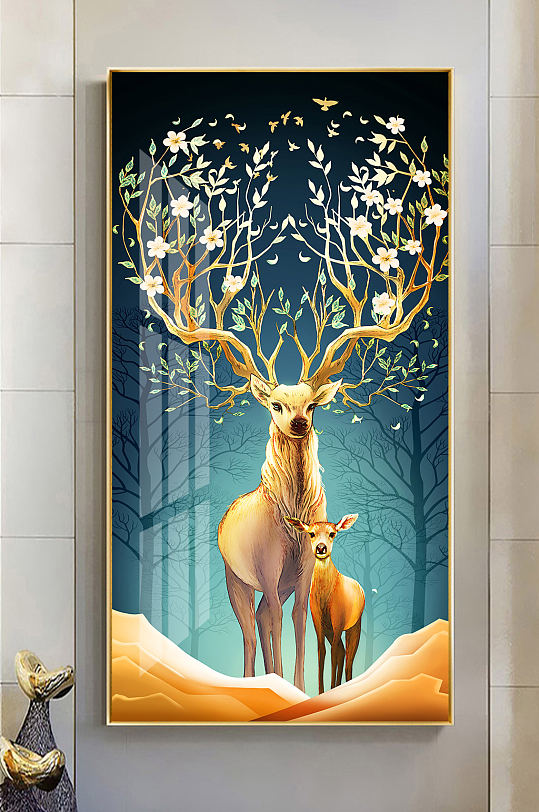 Modern Light Luxury Elk Gold Crystal Porcelain Entrance Decorative Painting