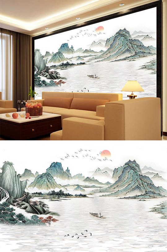 Ink Landscape Boat Big Goose Sun High Mountain Flowing Water Background Wall