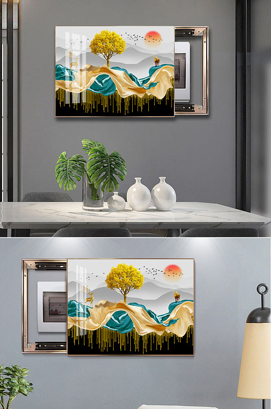 New Chinese style modern light luxury abstract line fortune tree electric meter box decorative painting