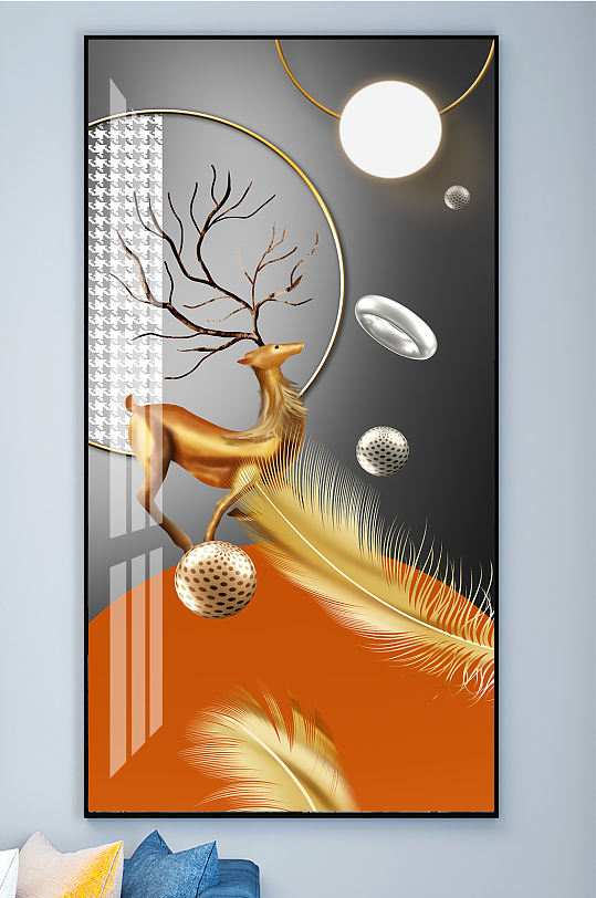 Geometric decorative painting of feathered elk at the entrance
