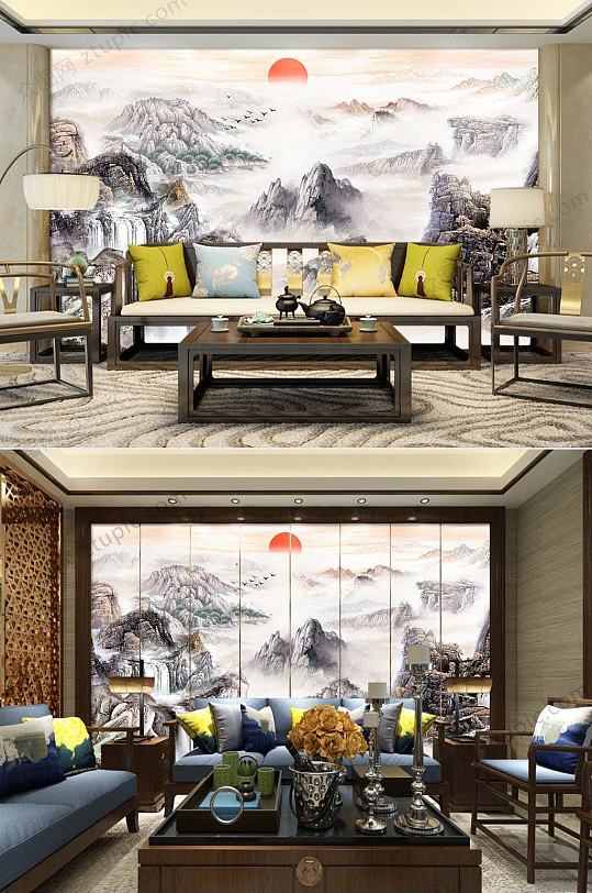 Atmospheric light yellow mountains and rivers background wall