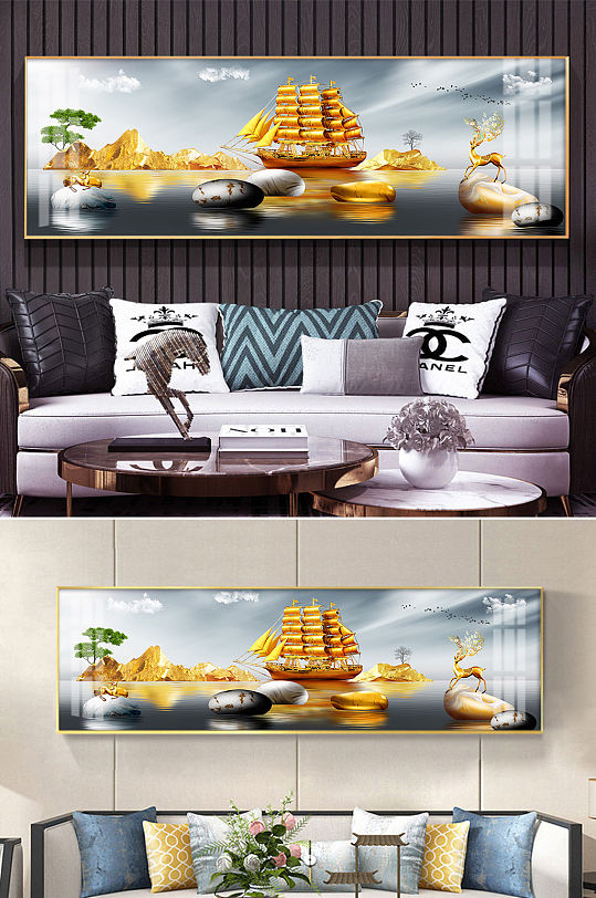 Gold sailboat smooth sailing elk fortune deer crystal painting