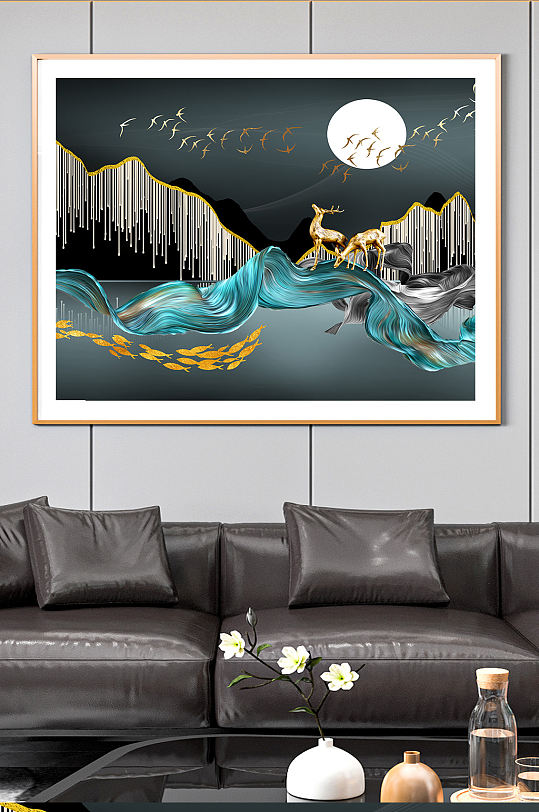 Gold Line Elk Art Landscape Decorative Painting