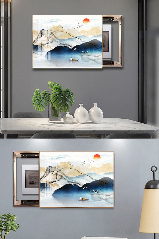 Modern abstract line ink mountain hydropower meter box decorative painting