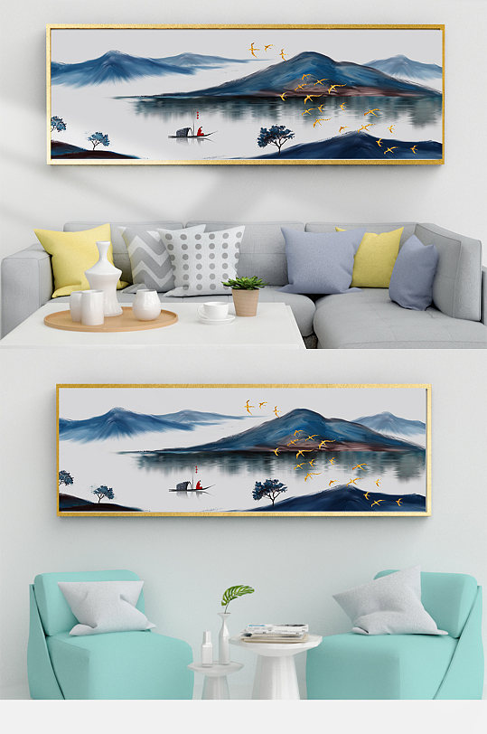 Chinese-style hand-painted landscape landscape gold leaf bird decorative painting atmospheric mountains and rivers
