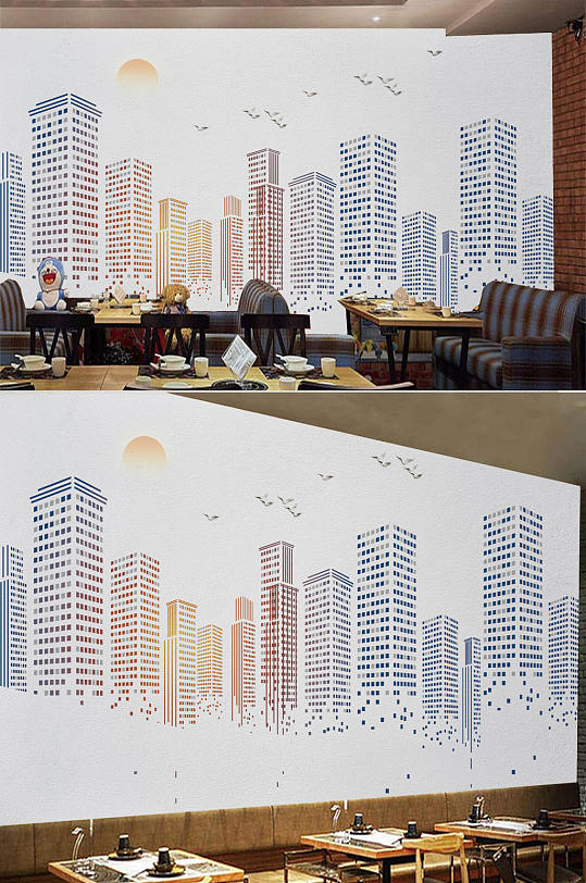 Ink painting city high-rise sun background wall