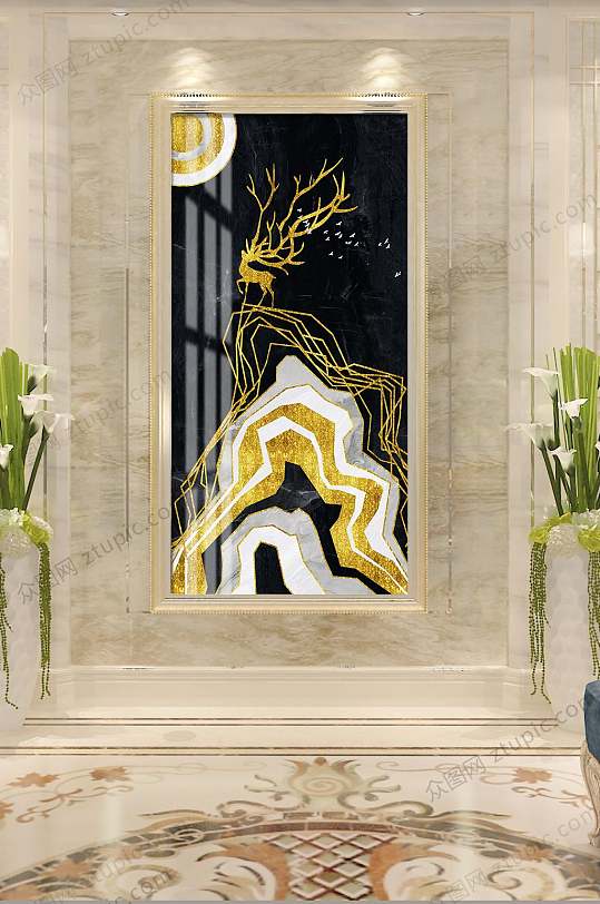 Light luxury mountain deer atrium decorative painting