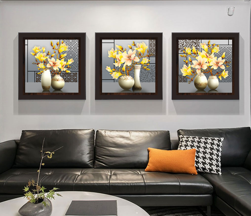 File set of 3 vases of yellow magnolia flowers - BH0003